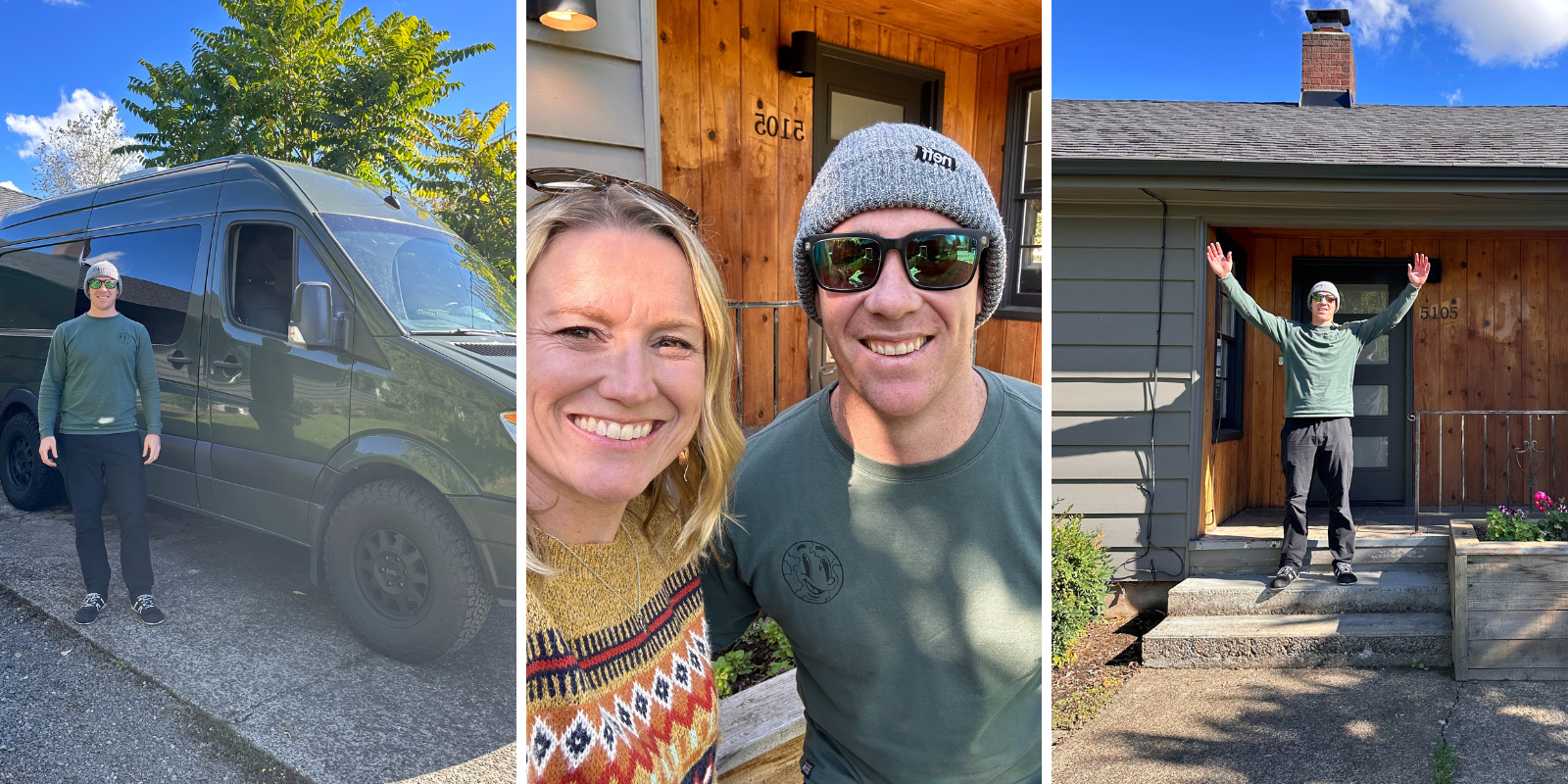 Photos of a new homeowner with his van, realtor, and house