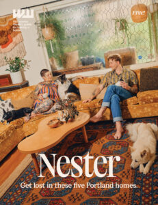 the cover of the 2025 edition of Nester magazine, featuring two people on a couch with three dogs surrounding them
